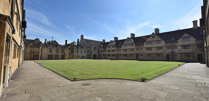The courtyard lawn and exterior of the Wills Hall accommodation. 